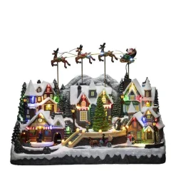 Juledekorasjon>Konstsmide By med flyvende rensdyr, nisse og musikk LED Flerfarget