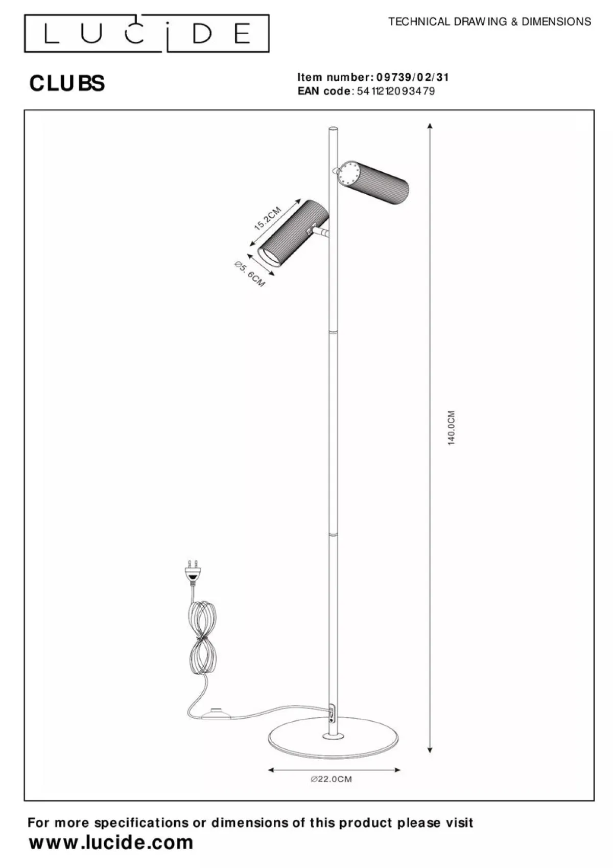 Leselamper Gulv>Lucide Clubs gulvlampe 2-lys - Hvit