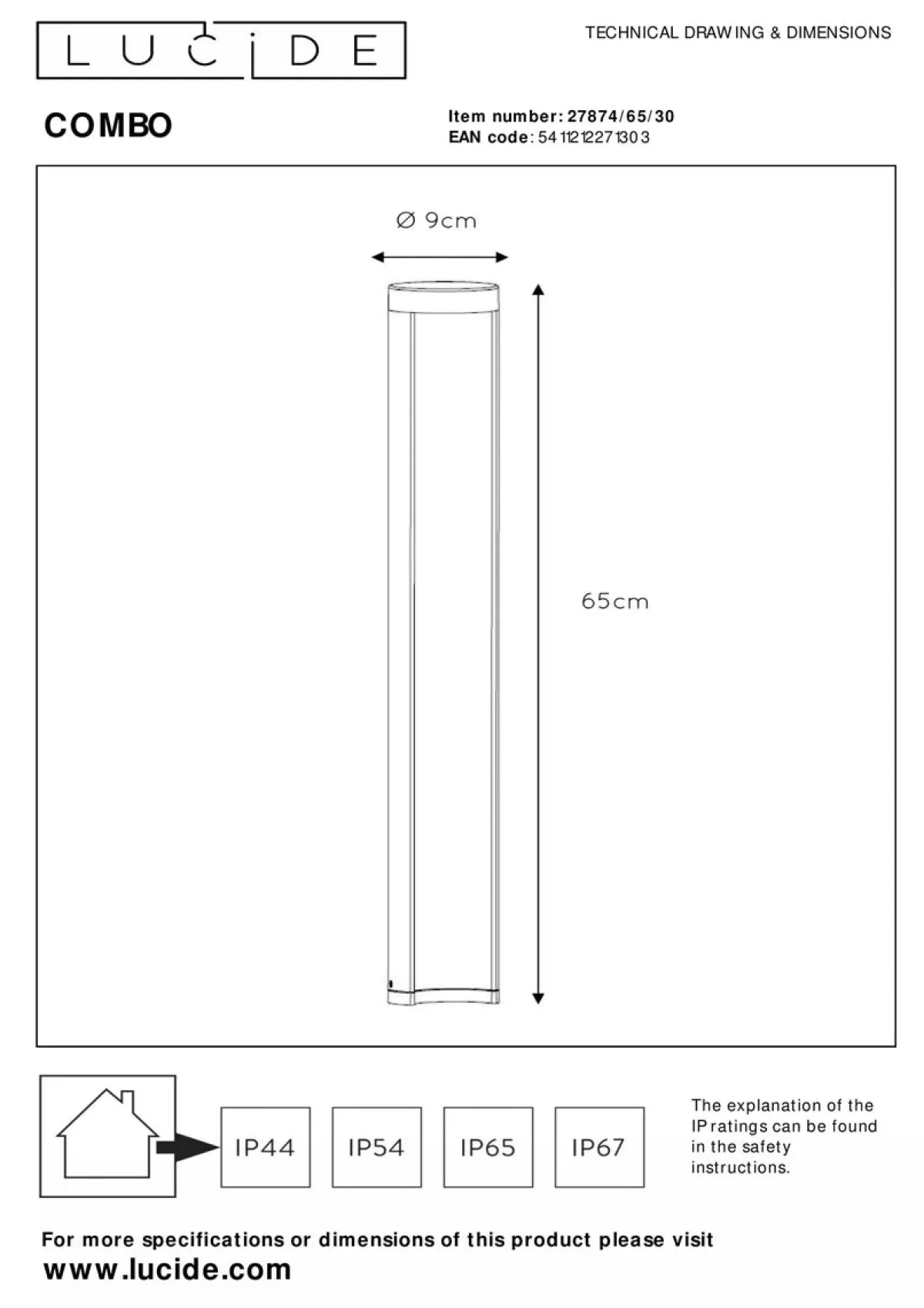 Pullert>Lucide Combo pullert 65 cm 9W IP54 3000K - Svart