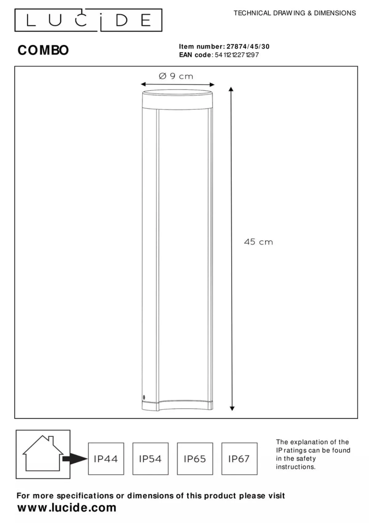 Pullert>Lucide Combo pullert 45 cm 9W IP54 3000K - Svart