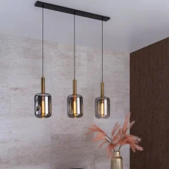 Kjøkkenbelysning Tak|Takpendler>Lucide Joanet takpendel 3-lys Svart / Messing / Røyk