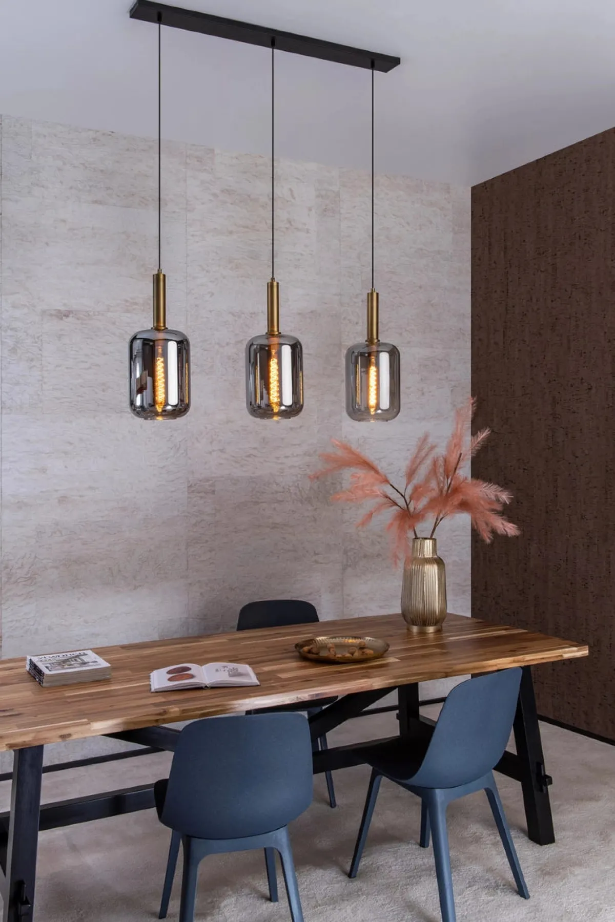 Kjøkkenbelysning Tak|Takpendler>Lucide Joanet takpendel 3-lys Svart / Messing / Røyk