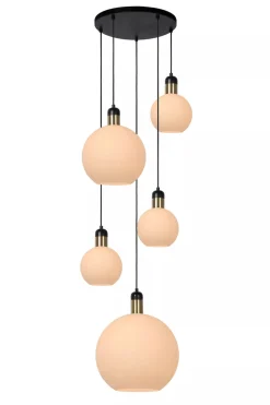 Kjøkkenbelysning Tak|Takpendler>Lucide Julius takpendel rondell 5 lys - Opalglass Messing / Opal