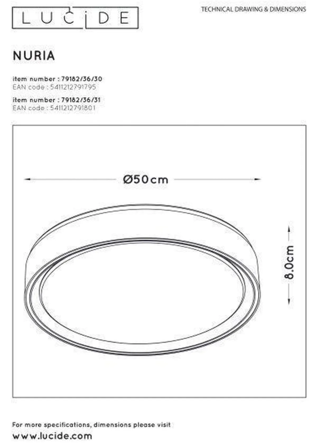 Kjøkkenbelysning Tak|Taklamper / Takplafonder>Lucide Nuria taklampe 50 cm 36 watt 2700 Kelvin 3-step dim