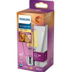 Led-Pærer E27 Sokkel>Philips 5,9 W LED (60W) WarmGlow E27, dimbar Klar