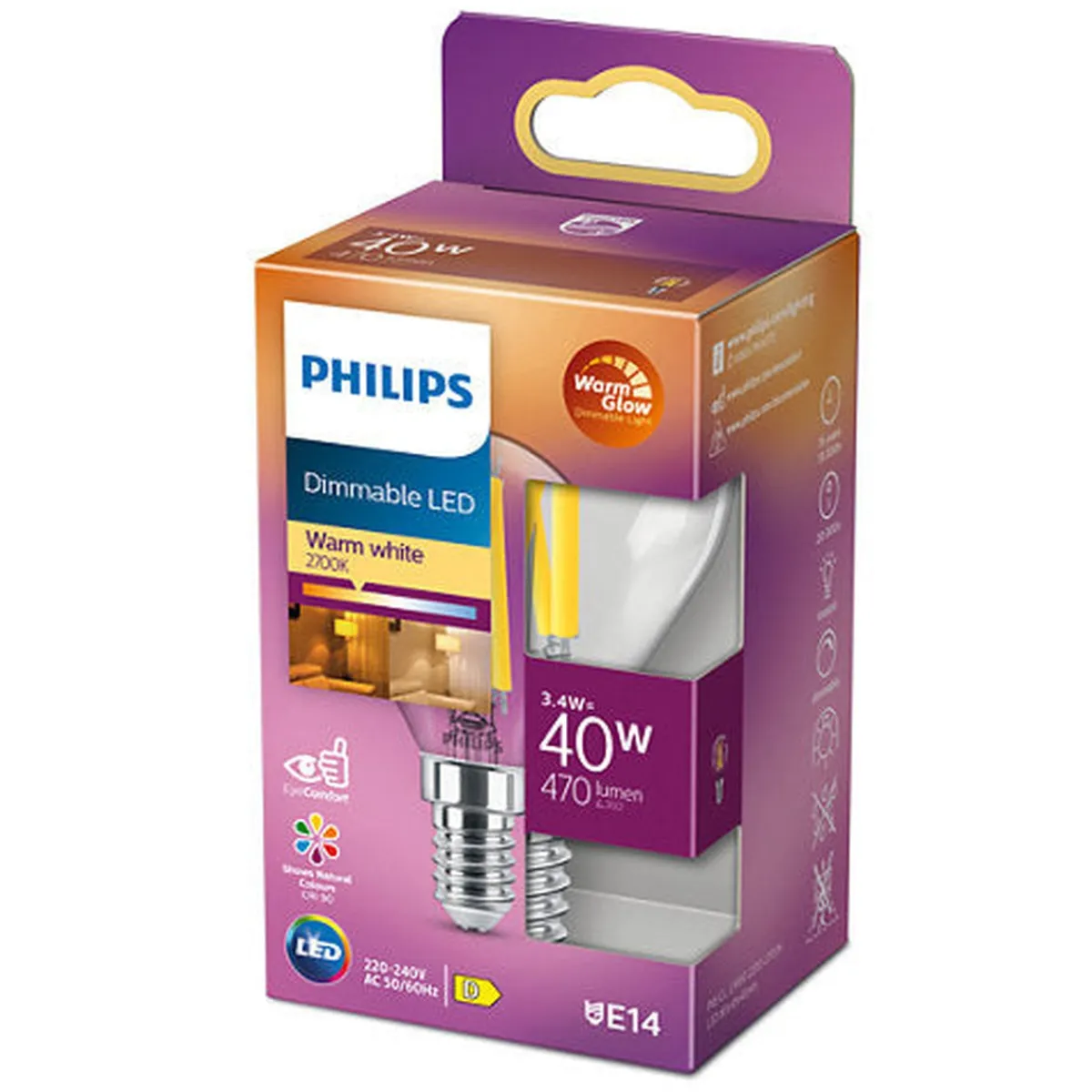 Led-Pærer E14 Sokkel>Philips E14 LED mignon 3,4 watt (40W) Warmglow - Dimbar Klar