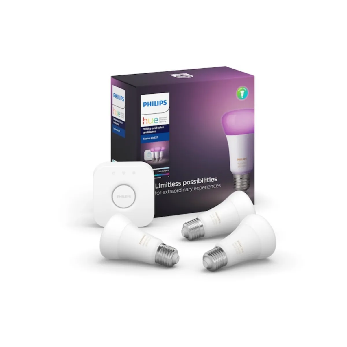 Led-Smartlyspærer|Led-Pærer Smart E27 Sokkel>Philips Hue Color 3 x E27 lyspærer + bridge Opal