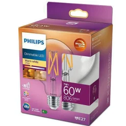 Dekorpære E27|Led-Pærer E27 Sokkel>Philips 7W globe dimbar LED filament warmglow 95 mm (60W) RA90