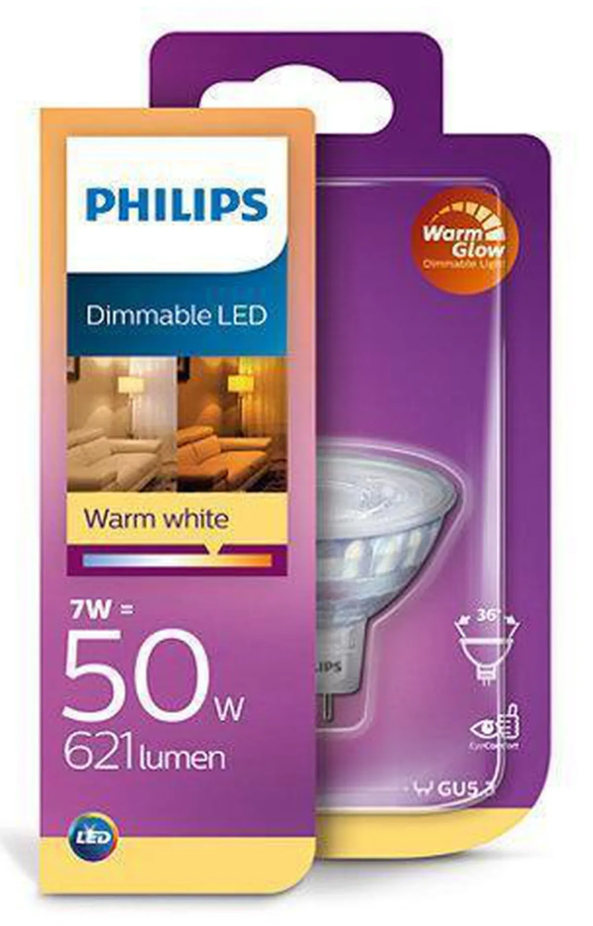 Led-Pærer Gu5,3>Philips 7,0W (50W), GU5,3, wamglow - Dimbar