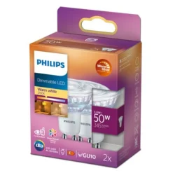 Led-Pærer Gu10 Sokkel>Philips 3,8W (50W), warmglow dimbar GU10 LED RA90 - 2 pakning Hvit