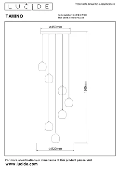 Kjøkkenbelysning Tak|Takpendler>Lucide Tamino takpendel 7 x 7W 3000 Kelvin - Dimbar Svart / Røykfarget