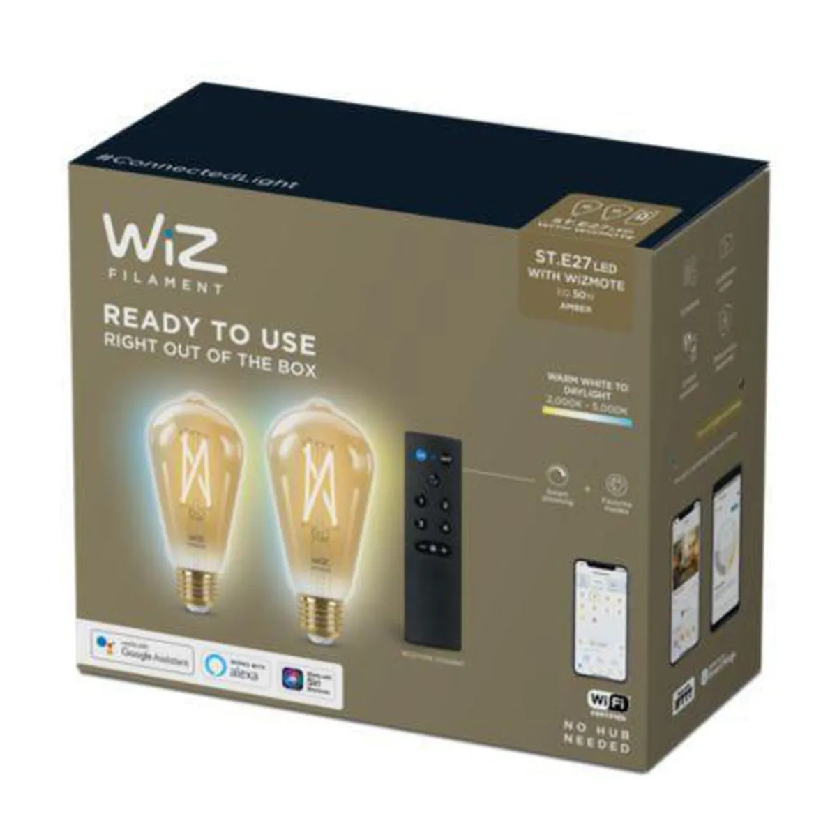 Led-Smartlyspærer|Led-Pærer Smart E27 Sokkel>WiZ E27 Lyspære filament St64 6,7W Wifi 2 pak m/fjernkontroll - Justerbar fargetemperatur 2000-5000 Kelvin
