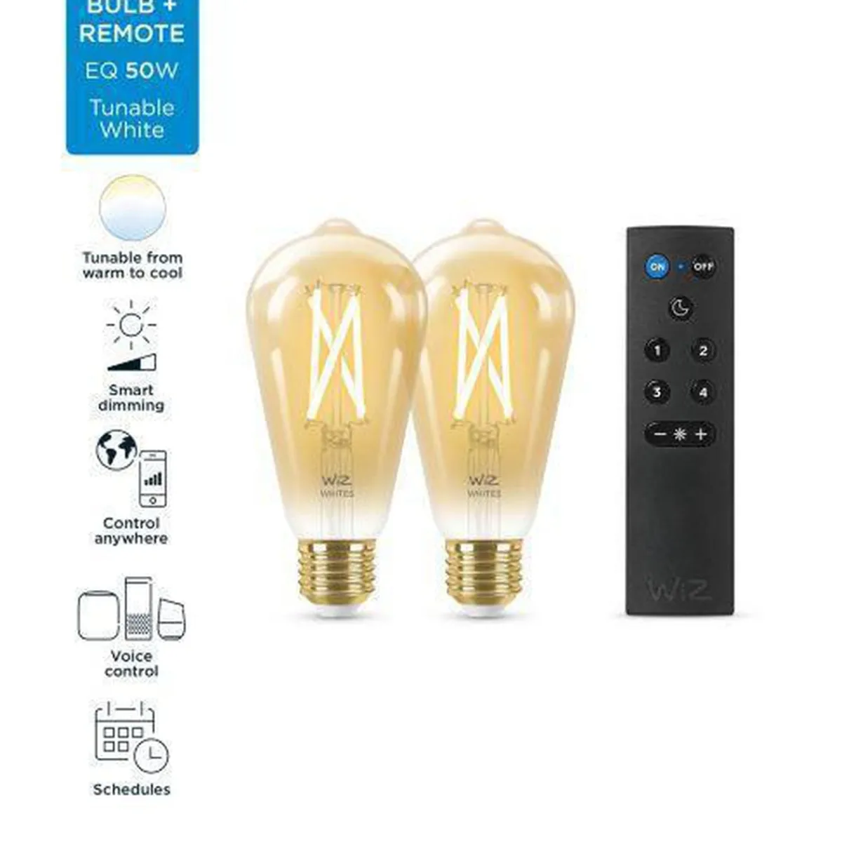 Led-Smartlyspærer|Led-Pærer Smart E27 Sokkel>WiZ E27 Lyspære filament St64 6,7W Wifi 2 pak m/fjernkontroll - Justerbar fargetemperatur 2000-5000 Kelvin